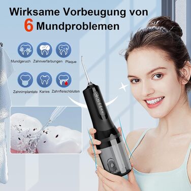 Електрична ірigator для порожнини рота Munddusche: покращена модель 2025, 260 мл резервуар, IPX7 водонепроникність, 5 насадок, 4 режими, для подорожей та дому. Чорний