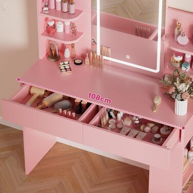 Трюмо Airfish з підсвічуванням 108x40 см: туалетний столик з дзеркалом, полицями, 2 шухлядами, регульоване освітлення, для спальні/вітальні (білий/рожевий)