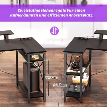 Кутовий ігровий стіл з LED-підсвічуванням та розетками, комп'ютерний стіл з полицями, обертовий кутовий стіл з підставкою для монітора, 120 x 70 см, ДСП, колір: сіра береза (карбон, чорний)