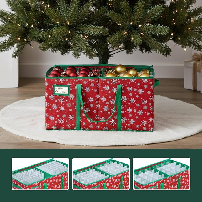 Коробка для зберігання новорічних кулі - Relaxdays, 128 шт, 33x66x33 см, сніжинки, фліс, картон, червоно-зелена
