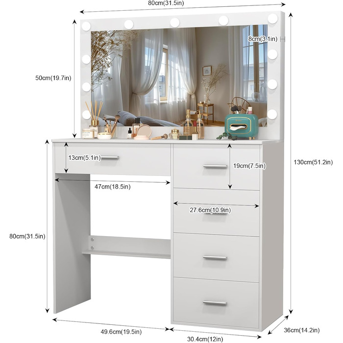 Туалетний столик зі світлом і дзеркалом, з пуфом, 6 ящиків та 6 поличок, 80x36x130 см (PE50)