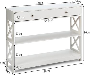 Консольний столик COSTWAY з шухлядою, 3 ящики, білий, 100x30x80 см