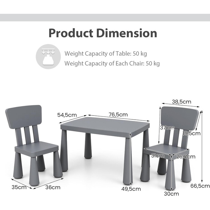Дитячий стіл LIFEZEAL з 2 стільцями: набір меблів для дітей з пластику сірого кольору