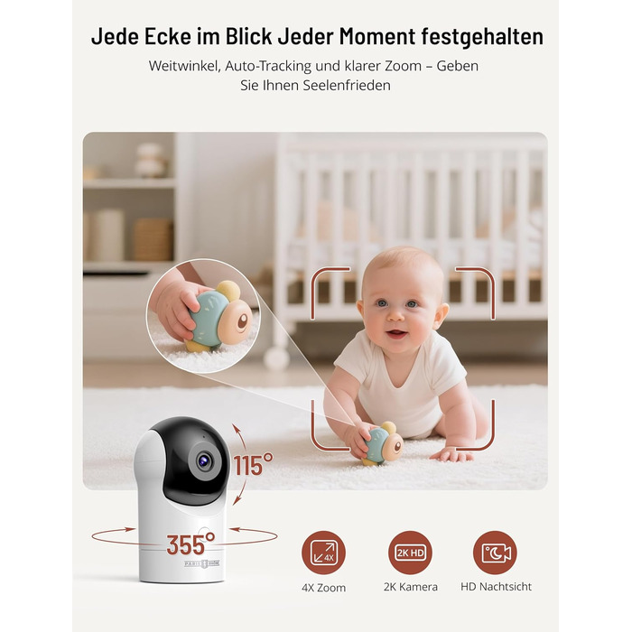 Відеоняня PARIS RHÔNE з 2 камерами, WiFi, 2K UHD, нічник, датчик руху/плачу, контроль температури та вологості, колискові