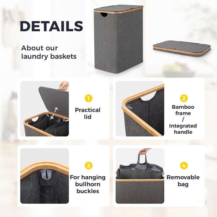 Кошик для білизни Rieeyrslza з кришкою 158л з бамбука та тканини Оксфорд, знімні мішки для білизни, складний сортер для білизни, багатофункціональний кошик для зберігання (сірий)