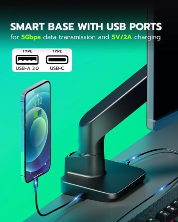 Кріплення для монітора ARES WING з USB A/C, кріплення для монітора, 17-49 дюймів, вантажопідйомність 20 кг, газ-амортизатор, VESA 75/100 мм, чорний