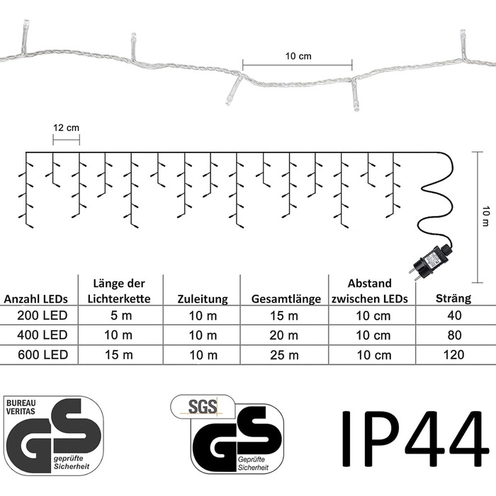 М10м теплий білий, зовнішній/внутрішній, електрика, клас енергоспоживання A, 200 LED Eisregen Lichterkette 5