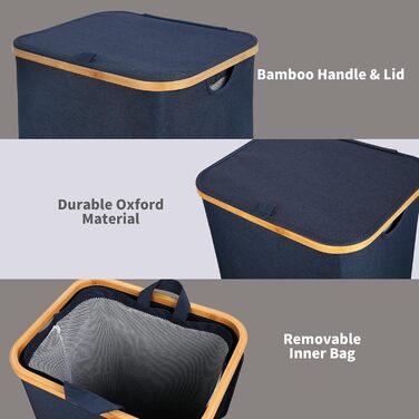 Кошик для білизни з кришкою Efluky, 100 л, блакитний, XL, з бамбуковими ручками та внутрішніми кишенями для сортування