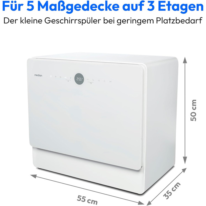 MINI посудомийна машина MEDION DWT51 біла (5 комплектів, з сенсорним керуванням, функція відра, 7 програм, таймер, MD 37766)