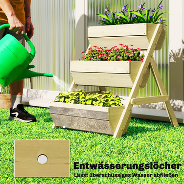 Вертикальне квіткове горщево з 3 ярусами. Дерев'яний вертикальний сад з 3 касетами для рослин, дренажними отворами та зеленим дизайном.