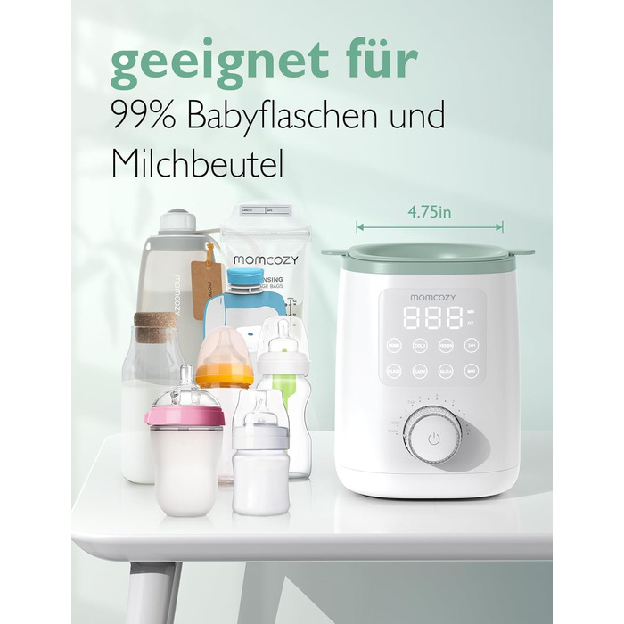 Momcozy Нагрівач для пляшечок Momcozy Nutri-Flaschenwärmer - 9-в-1 з точним контролем температури, нічним світлом, швидким нагрівом та автоматичним вимкненням. Сумісний з усіма пляшками.