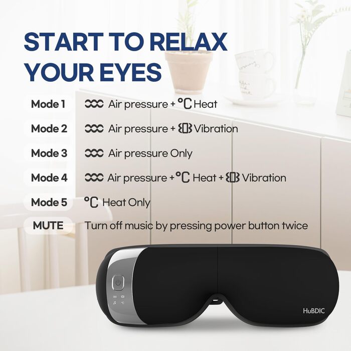 Масажер для очей HubiCare з підігрівом та вібрацією – для зняття втоми, мігрені та зменшення набряків під очима