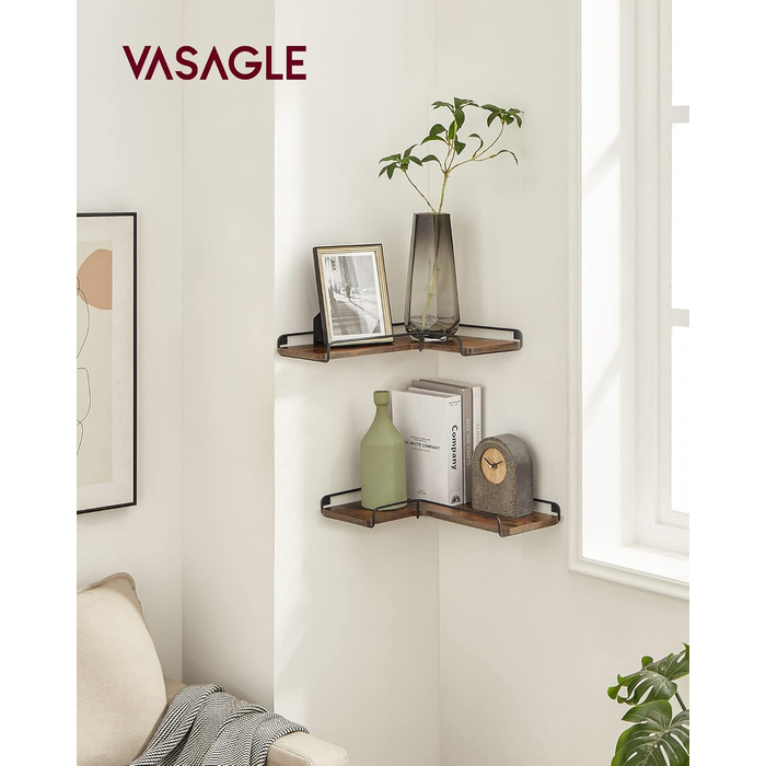 Набір кутових настінних полиць VASAGLE у стилі лофт, L-подібні полиці для вітальні, спальні та кухні, вінтажний коричневий та чорний, 2 шт. (LLS831B01)