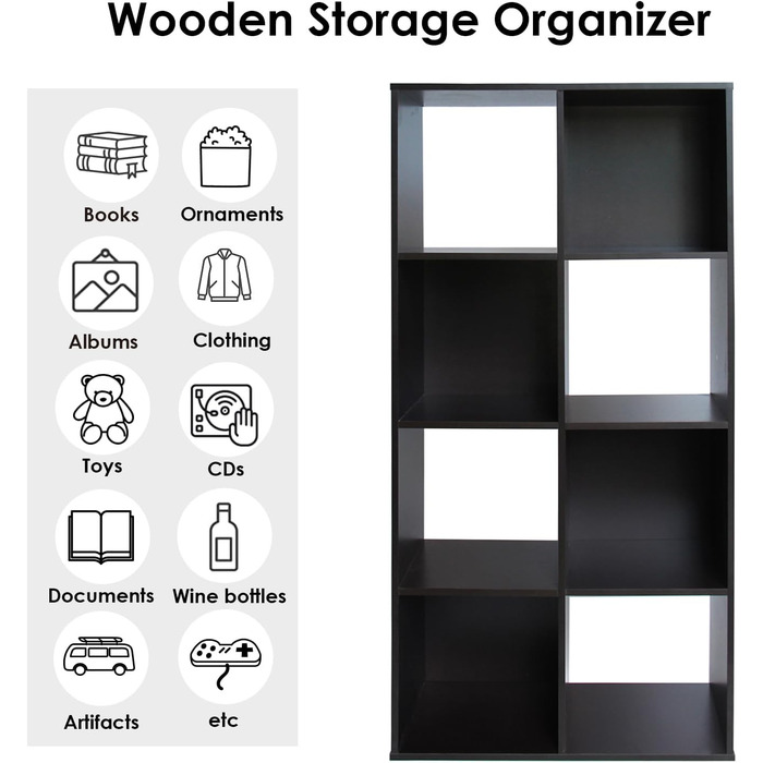 Книжкова шафа з 4 ярусами, дерев'яна книжкова шафа 4*4, полиця-підставка з 3 відділеннями, відкрита полиця для зберігання Кубічна полиця для одягу, іграшок, офісна полиця для вітальні (8 кубиків, темно-коричневий)