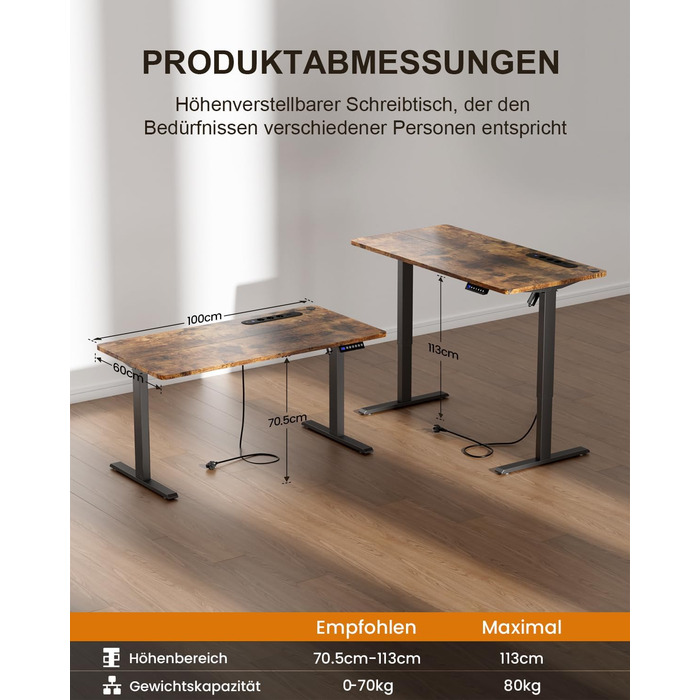 Регульований стіл з USB-портом та розеткою, 100 x 60 см. Електричний стіл, комп'ютерний стіл з пам'яттю, білий (коричневий)