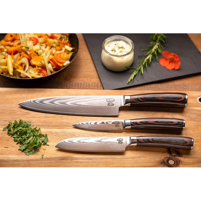 Набір кухонних ножів Дамаск 3 шт. (32, 24, 20 см) з каменем для заточування, дерев'яною ручкою, захистом леза та подарунковою коробкою. Перевірено TÜV, 62 HRC, сталь Дамаск з 67 шарів.