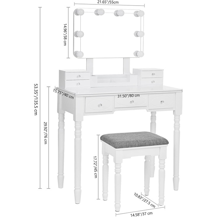 Туалетний столик ANWBROAD з 8 LED дзеркалами, табурет, 7 ящиків, проти нахилу, 80x40x135.5см, білий