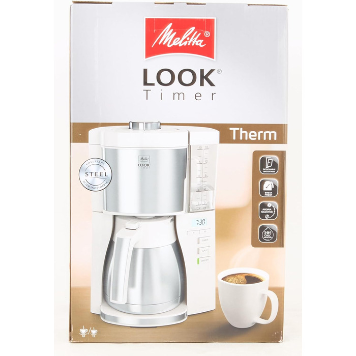 Таймер Melitta Look - Кавоварка з фільтром - - Функція таймера - Крапля-стоп - 10 чашок - (1025-08) (білий, з термоглечиком, одинарний)