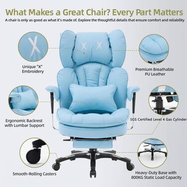 Ергономічне офісне крісло Efomao X-Stickerei для дому та офісу, шкіряне (PU), 200 кг, з підставкою для ніг та підтримкою попереку, чорне з блакитним