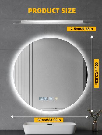 Дзеркало для ванної кімнати 600мм з підсвічуванням, регульоване, з антизапарюванням, таймером, IP44, кругле