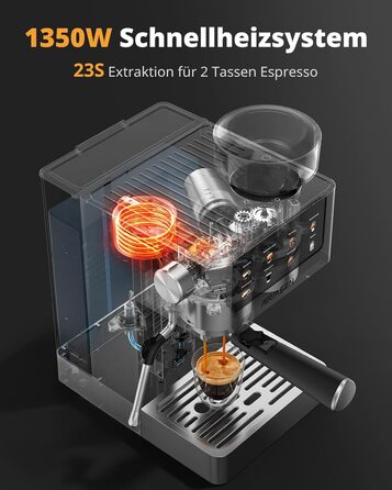 Еспресо-машина Siebträger з прозорою колбою, 20 Bar, автоматичний спінювач молока, для капучино та лате, Dual Boiler (1350W & 1000W), 15s екстракція, нержавіюча сталь, бак 1.8L, сенсорний дисплей, автоматичний спінювач молока (з млинком)