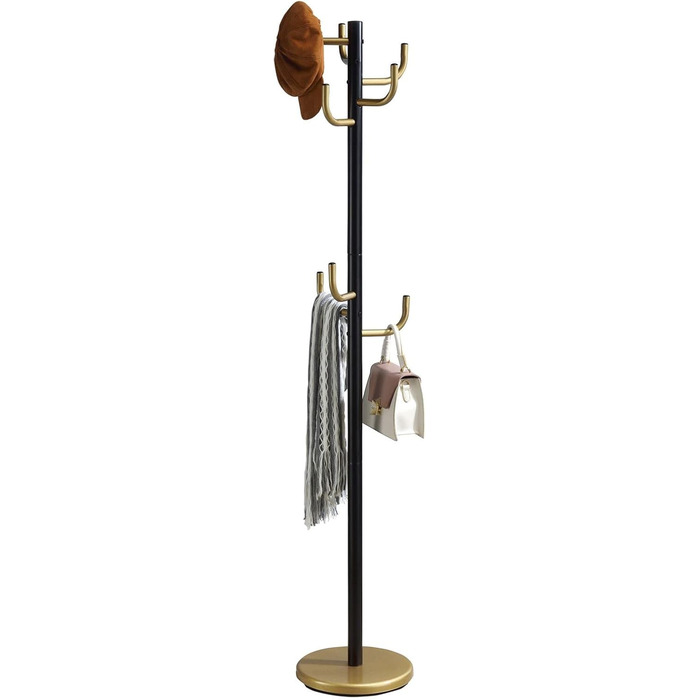 Металева вішалка для одягу IDIMEX Mila з 8 гачками, чорно-золота, з підставкою для капелюхів