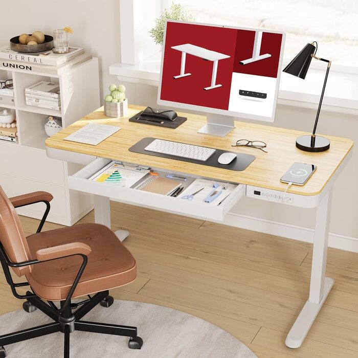Електричний регульований стіл Sanodesk з ящиком, сенсорним керуванням та USB-портами, 120 x 60 см, білий стіл та рама, білий + білий (Ahorn + білий, 120 x 60 x (73.5-118) см)