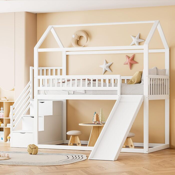Двоярусне ліжко для дітей з драбиною, біле. Ліжко-горище, ліжко-ігровий майданчик, ліжко-крісла для підлітків, каркас двоярусного ліжка з ламелями, без матрацу.