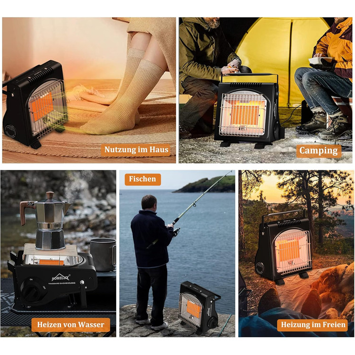 Газовий нагрівач HOMELUX 1,7KW для дому та на вулиці: обігрівач, нагрівач для кемпінгу, без електроенергії, газовий нагрівач, нагрівач для кемпінгу, нагрівальний прилад з 4 балончиками газу MSF-1a (BDZ-Q1000+4Gaskartuschen)