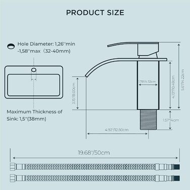 Змішувач для ванної кімнати FORIOUS з водоспадом, одноручний, хром, висота виливу 80 мм, економія води та енергії