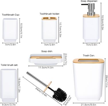 Набір аксесуарів для ванної кімнати JOTOM з бамбука 6 предметів, сучасний, сірий/білий, з дозатором мила, тримачем для зубних щіток