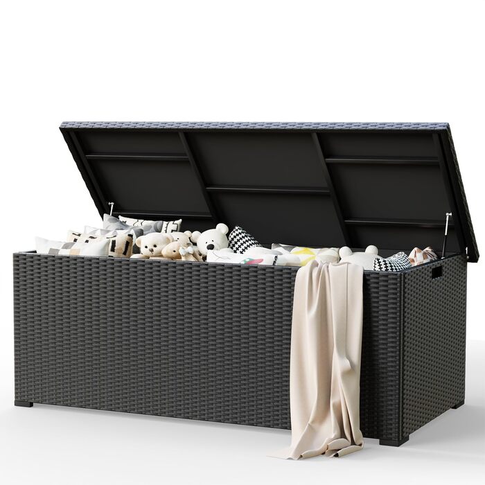 Скриня для подушок садових Polyrattan Amopatio 650л, водонепроникна, з газліфтом, чорна. Ящик для зберігання для саду та балкону