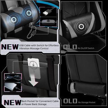 Ігровий крісло Yaheetech з масажем, регульованою спинкою 90-135°, з підніжкою. Білий (Чорний/Сірий)