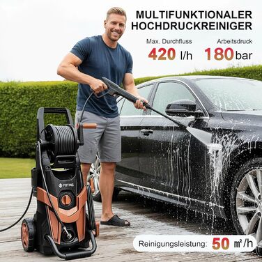 Високотискний мийник 180 бар, 6-в-1 насадка, продуктивність 420 л/год, площа очищення 50 м²/год, економний, з піночистою та барабаном для шлангу, для авто та під'їздів, червоний