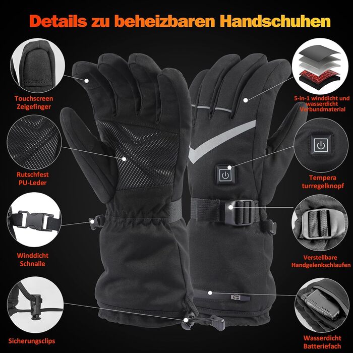 Обогріваючі рукавички для чоловіків та жінок, з акумулятором 5000mAh*2, 7.4V, 4 режими нагріву, перезаряджаються, зимові, непромокаючі, для катання на лижах та сноуборді