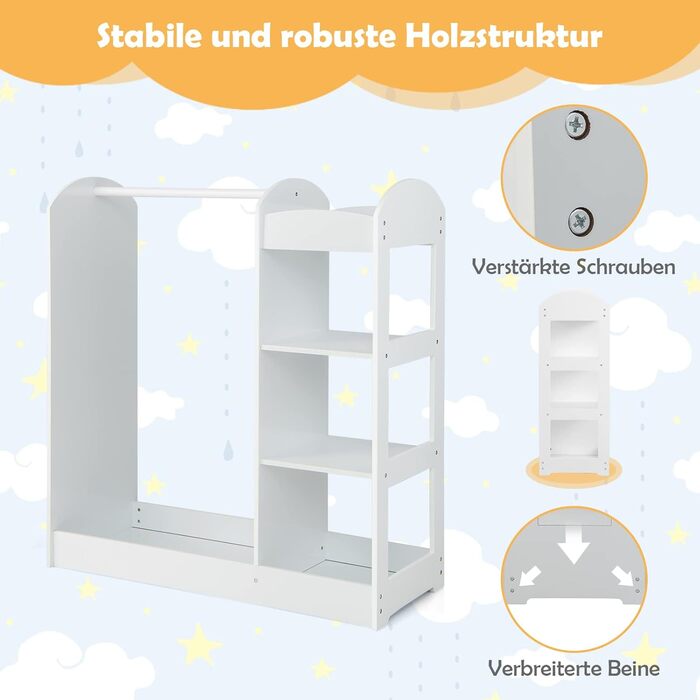 Дитяча шафа DREAMADE з дзеркалом та штангою для одягу, з 4 відкритими полицями, 93,5x38x100 см (Біла)