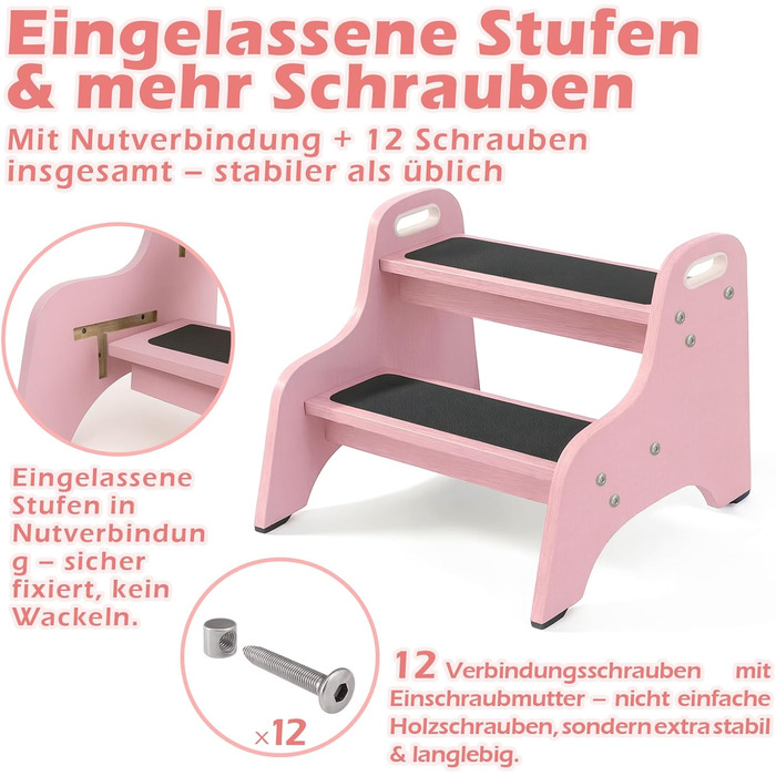 Дерев'яний дитячий стільчик Tritthocker з 2 сходинками, неслизький, для ванної та кухні, скандинавський дизайн, колір: натуральний (рожевий)