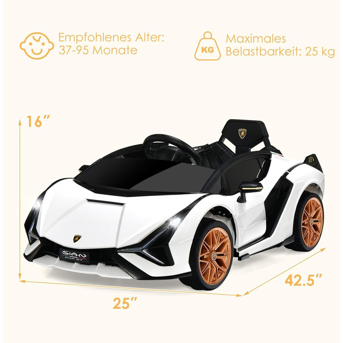 Дитячий електромобіль Lamborghini 12V COSTWAY з пультом, MP3, радіо, музикою та LED-фарами, для дітей 3-8 років, білий