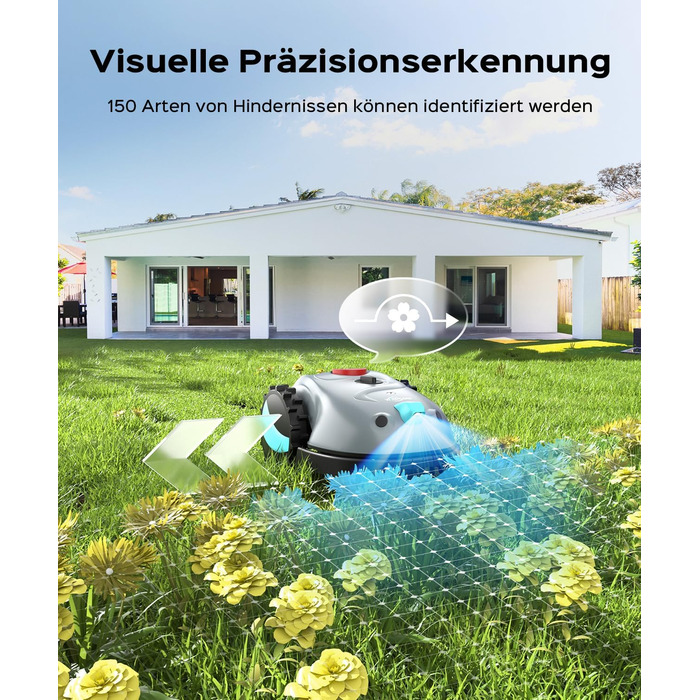 Робот-газонокосачка V100 без обмеженого кабелю з камерою, уникнення перешкод, навігація Vision, акумулятор 4 Ah, 150㎡, запасні леза, спіральне косіння (світло-сірий)