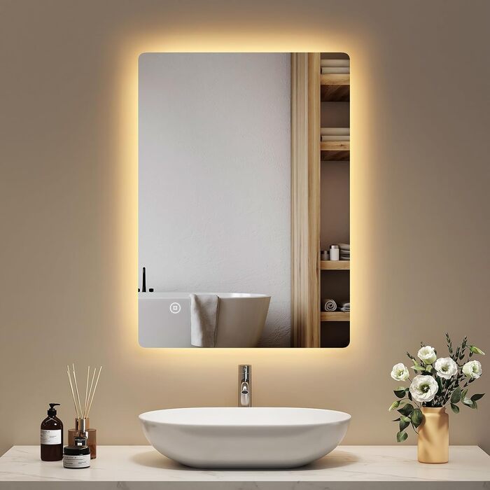 Дзеркало для ванної кімнати EMKE з підсвічуванням 80x60 см, з полицею, антизапар, регульоване світло 6500K, сенсорне керування, функція пам'яті, без рами