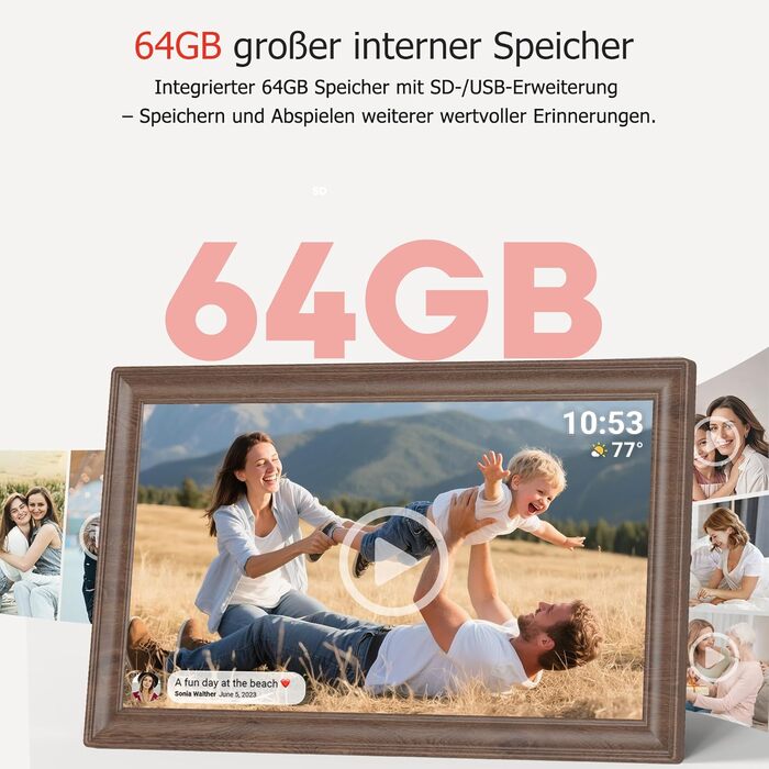 Цифровий фоторамка Frameo 10.1 дюйма з Wi-Fi, сенсорний IPS екран HD 1280*800, 32GB пам'яті, автоповорот, підтримка Frameo App для зручного обміну фото та відео, корпус з дерева (15.6 дюймів)