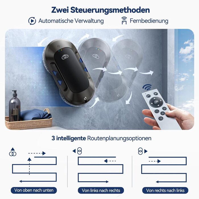 Робот для миття вікон 6000Pa з подвійною насадкою, електричний, з пультом дистанційного керування, 3 режими миття, інтелектуальна навігація, розпізнавання країв, система безпеки, для гладких поверхонь, W23d