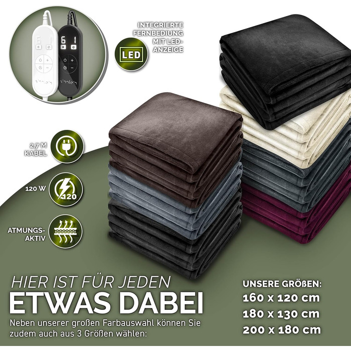 Електрична гріюча ковдра з плюшем | Автоматичне вимкнення | Тепла ковдра з таймером | 9 температурних режимів | Можна прати до 40°C | Цифровий дисплей (200 x 180 см, Чорний)