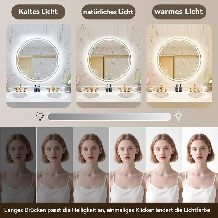 Дзеркало для ванної кімнати з підсвічуванням 70x50 см, LED, Smart, антизапар, 3 кольори, диммування, вертикальна/горизонтальна орієнтація