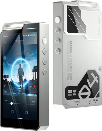 HiBy R4 Android MP3-плеєр з Bluetooth і Wi-Fi, 4DAC, Android 12, підтримка DSD, PCM, MQA, 4.4 мм баланс, 32 ГБ, сріблястий