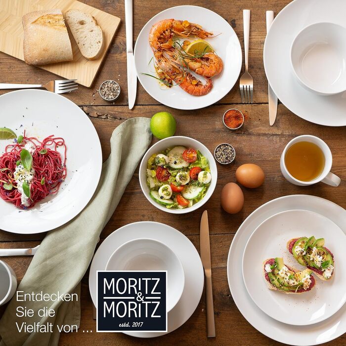Набір посуду Moritz & Moritz BASIC 18 предметів на 6 осіб - сучасний дизайн, якісне порцелянове покриття, класичний білий колір. В комплекті: 6 великих тарілок, 6 десертних тарілок, 6 салатників.