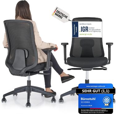 Ергономічне крісло Schekka® для офісу - переможець тестів. Індивідуальне регулювання, підтримка попереку, 3D підлокітники, дихаюча сітка. Макс. вага 150 кг, чорний колір, без підголівника.