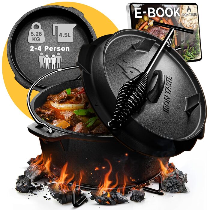 Набір чавунний казан Dutch Oven 4.5л з кришкою, підставкою та підйомником для кришки, підходить для 2-4 осіб