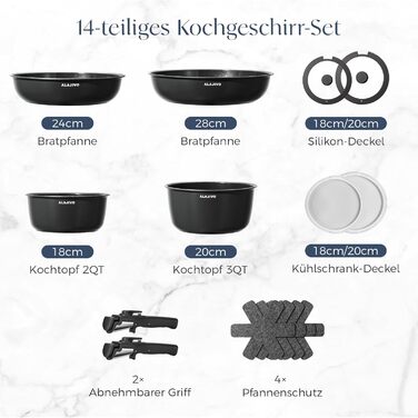 Набір посуду 17 частин з знімним ручками, антипригарне покриття, для всіх типів плит, включаючи індукцію, та духової шафи (темно-сірий)