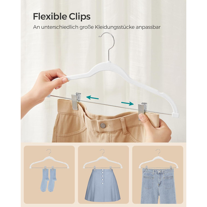 Набір вешалок SONGMICS 20 шт. з оксамитовим покриттям, для штанів, пальто, суконь, 42.5 см, з регульованими кліпсами, антиковзні, економія місця, CRF012B20